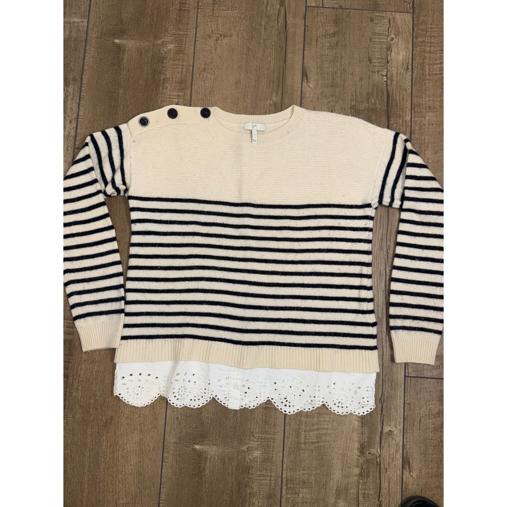 Joie Striped Sweater with Lace Trim Detail Button Shoulder Cream Black‎ Size S